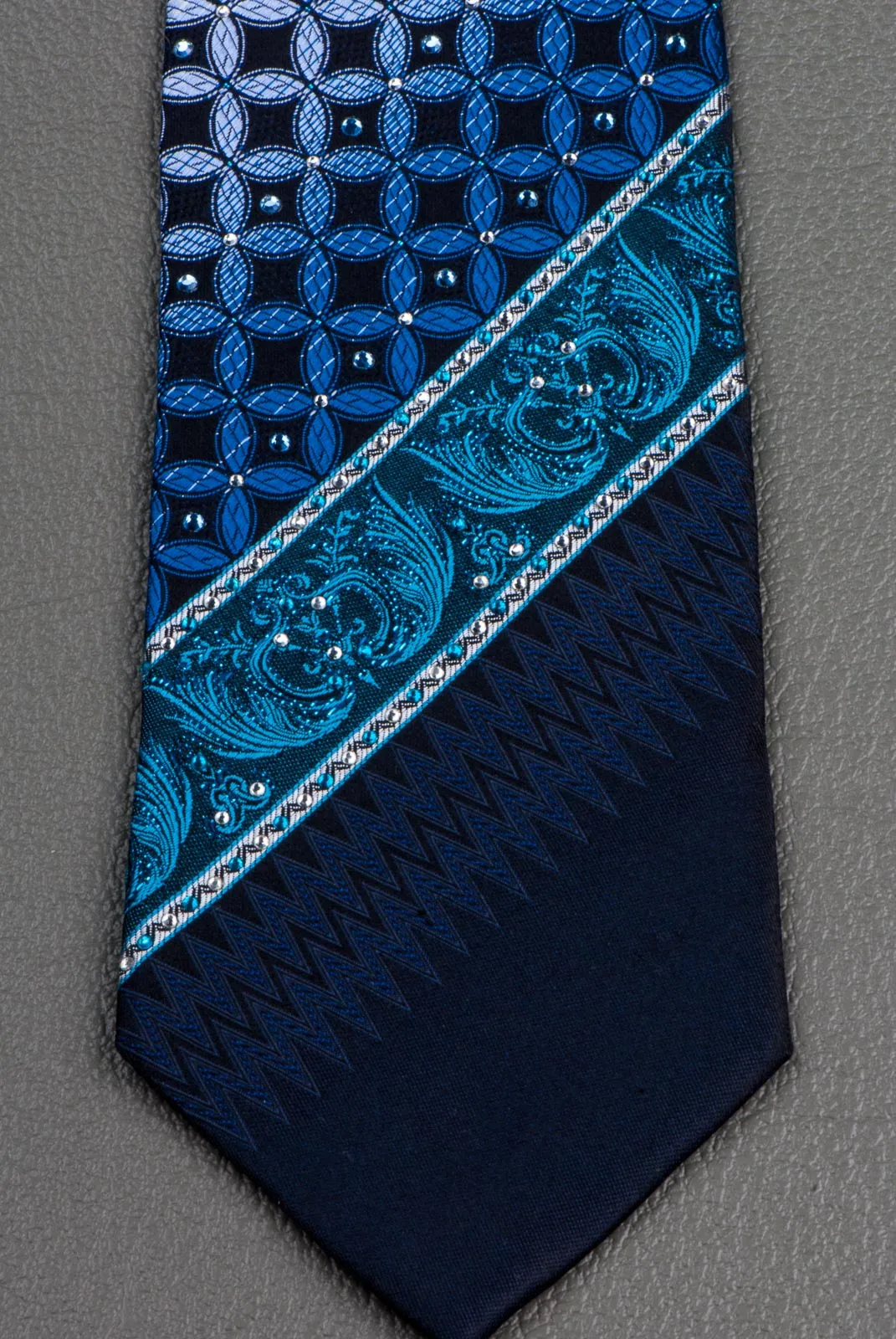 Men's Rhinestone Silk Necktie Interlocking Circles On Dark Blue