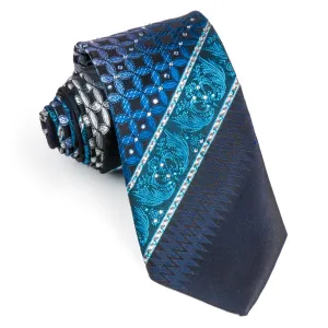 Men's Rhinestone Silk Necktie Interlocking Circles On Dark Blue