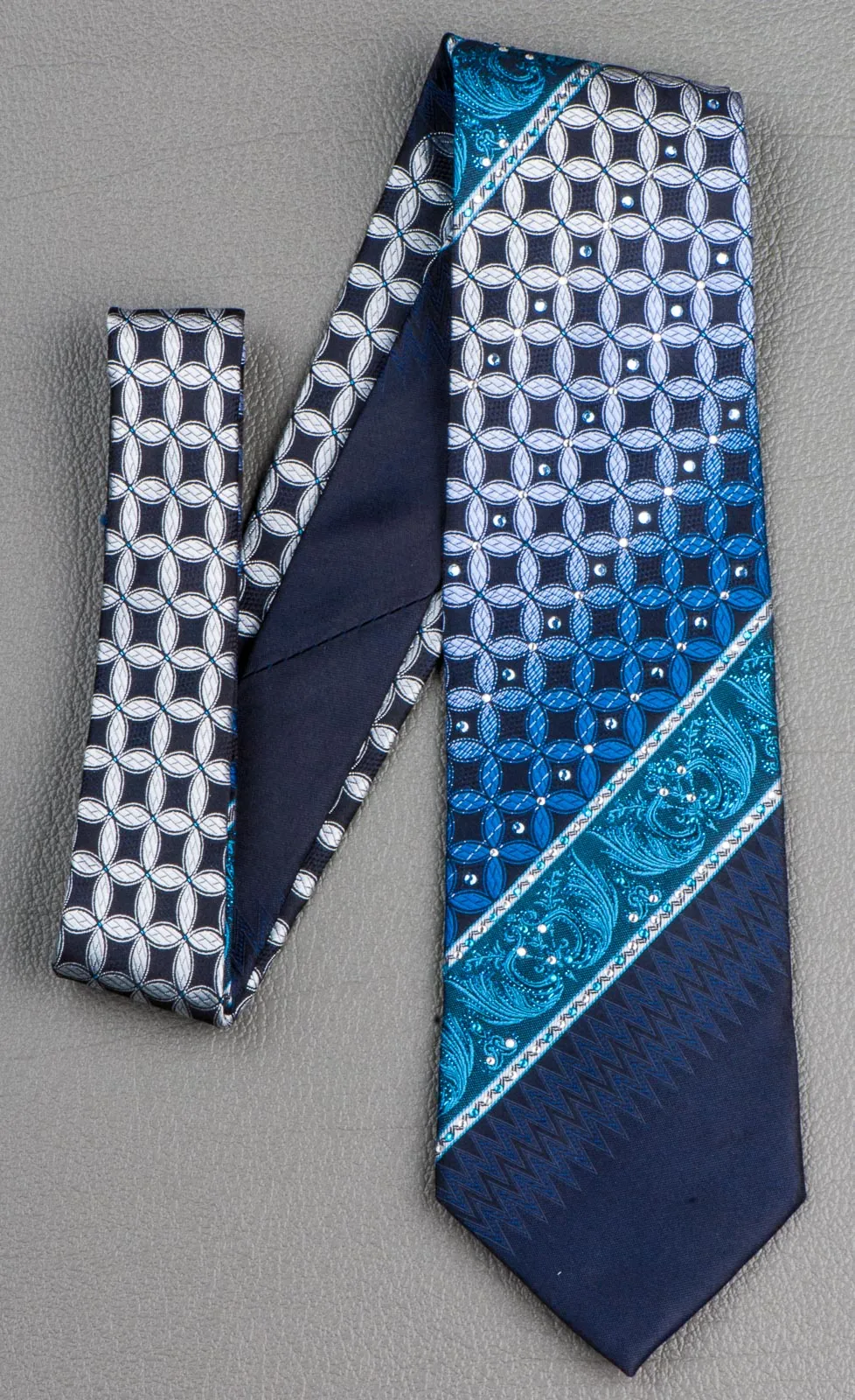 Men's Rhinestone Silk Necktie Interlocking Circles On Dark Blue