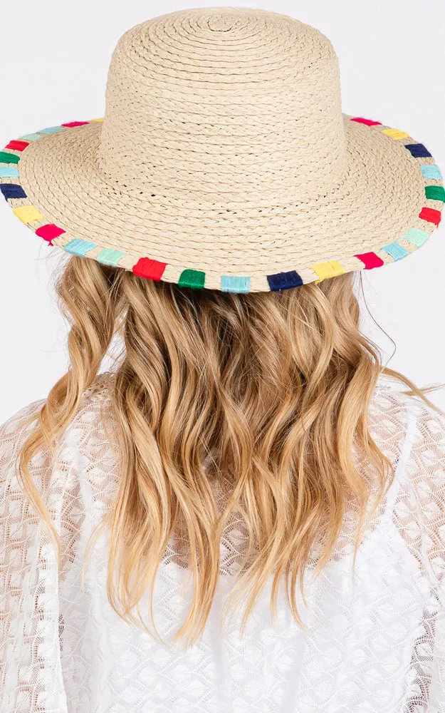 MH0202 MULTI COLORED WIDE STITCH TRIM STRAW SUN HAT