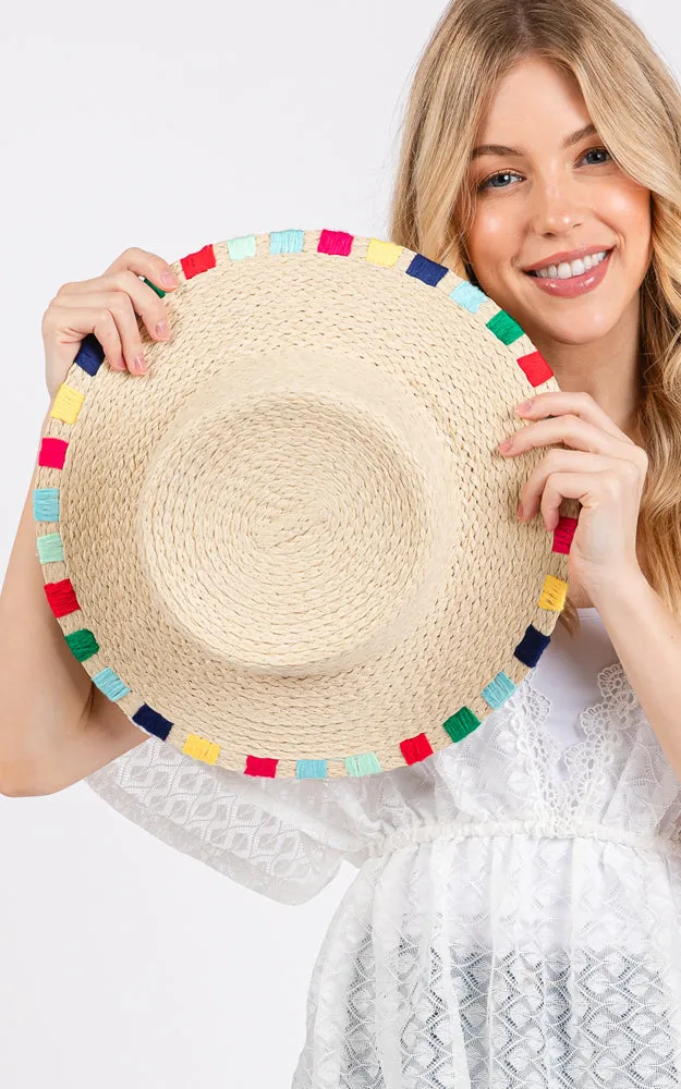 MH0202 MULTI COLORED WIDE STITCH TRIM STRAW SUN HAT