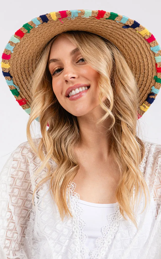 MH0202 MULTI COLORED WIDE STITCH TRIM STRAW SUN HAT