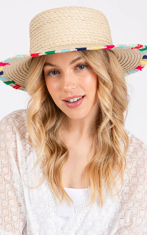 MH0202 MULTI COLORED WIDE STITCH TRIM STRAW SUN HAT