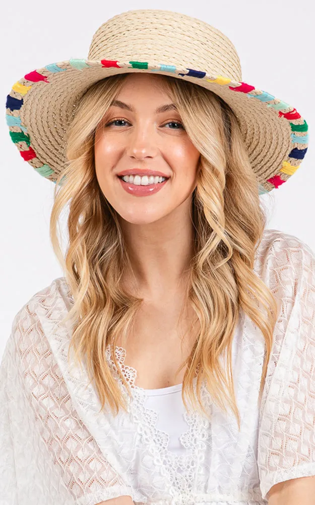MH0202 MULTI COLORED WIDE STITCH TRIM STRAW SUN HAT
