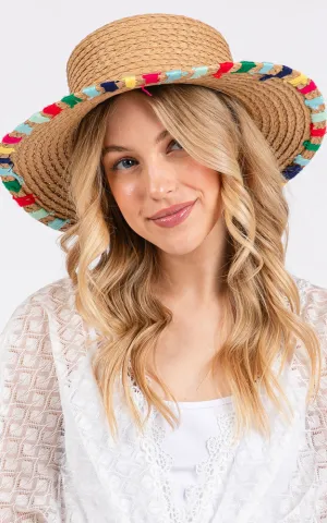MH0202 MULTI COLORED WIDE STITCH TRIM STRAW SUN HAT