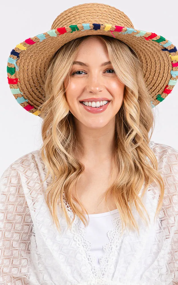 MH0202 MULTI COLORED WIDE STITCH TRIM STRAW SUN HAT