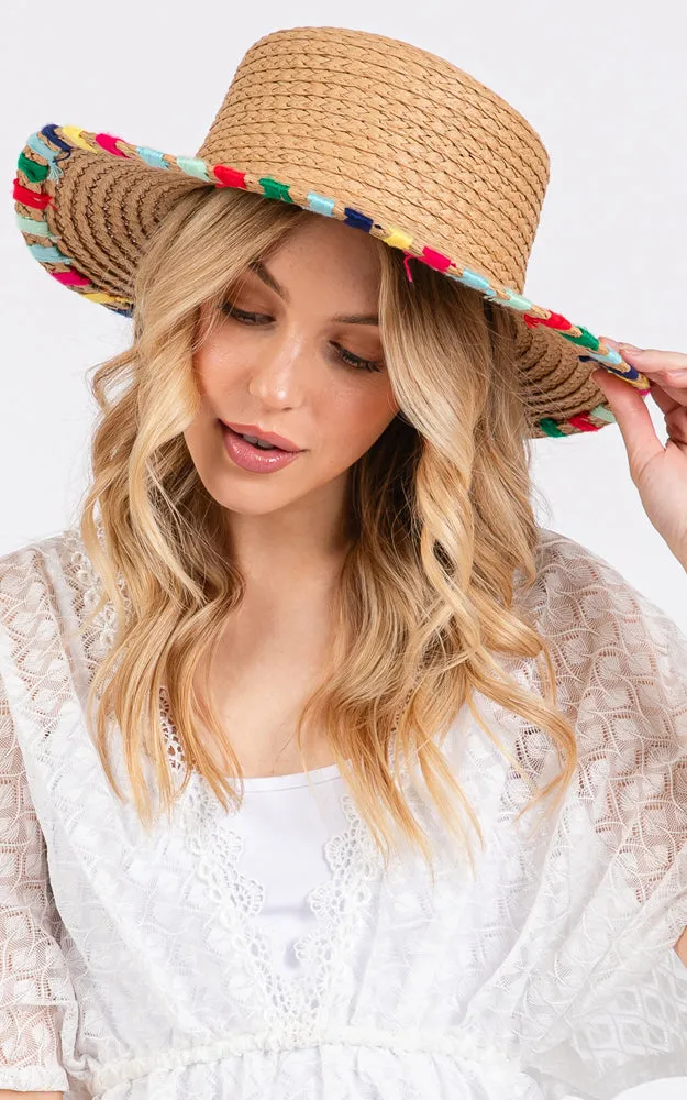 MH0202 MULTI COLORED WIDE STITCH TRIM STRAW SUN HAT