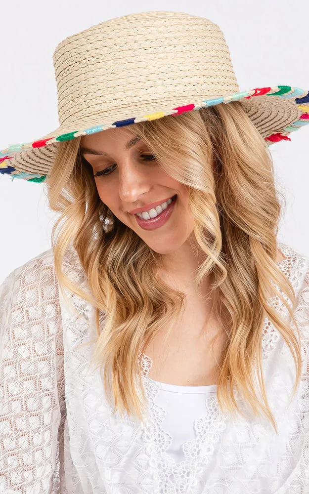 MH0202 MULTI COLORED WIDE STITCH TRIM STRAW SUN HAT