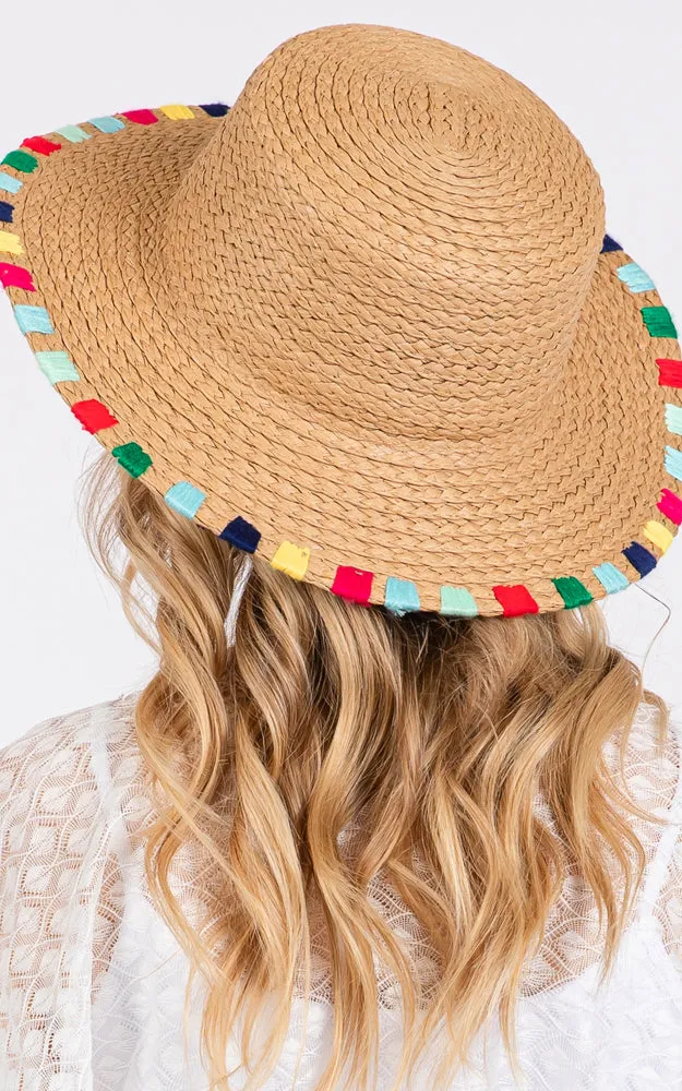 MH0202 MULTI COLORED WIDE STITCH TRIM STRAW SUN HAT