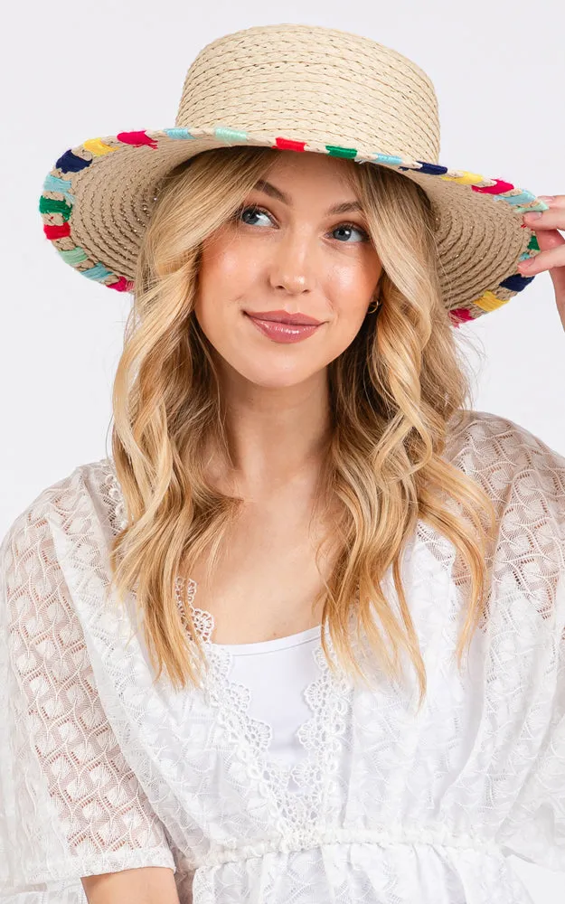 MH0202 MULTI COLORED WIDE STITCH TRIM STRAW SUN HAT