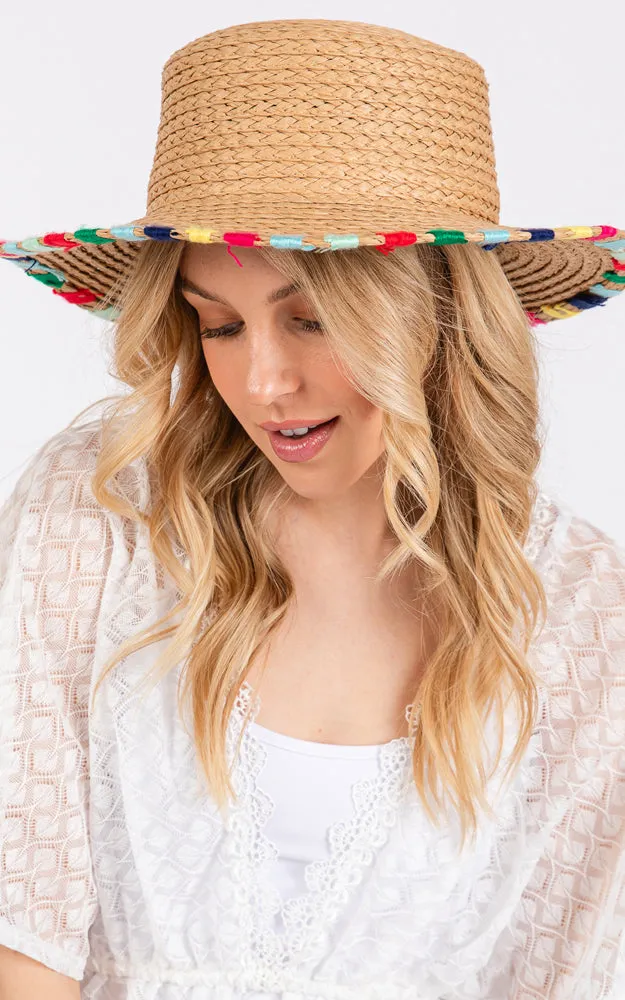 MH0202 MULTI COLORED WIDE STITCH TRIM STRAW SUN HAT