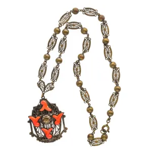 Neiger Brothers style red coral glass and brass filigree lavaliere necklace c. 1930's. j-nlbg2076