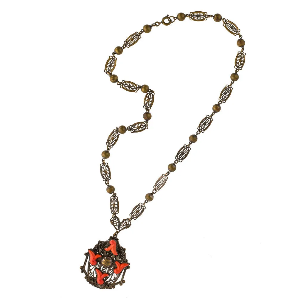 Neiger Brothers style red coral glass and brass filigree lavaliere necklace c. 1930's. j-nlbg2076