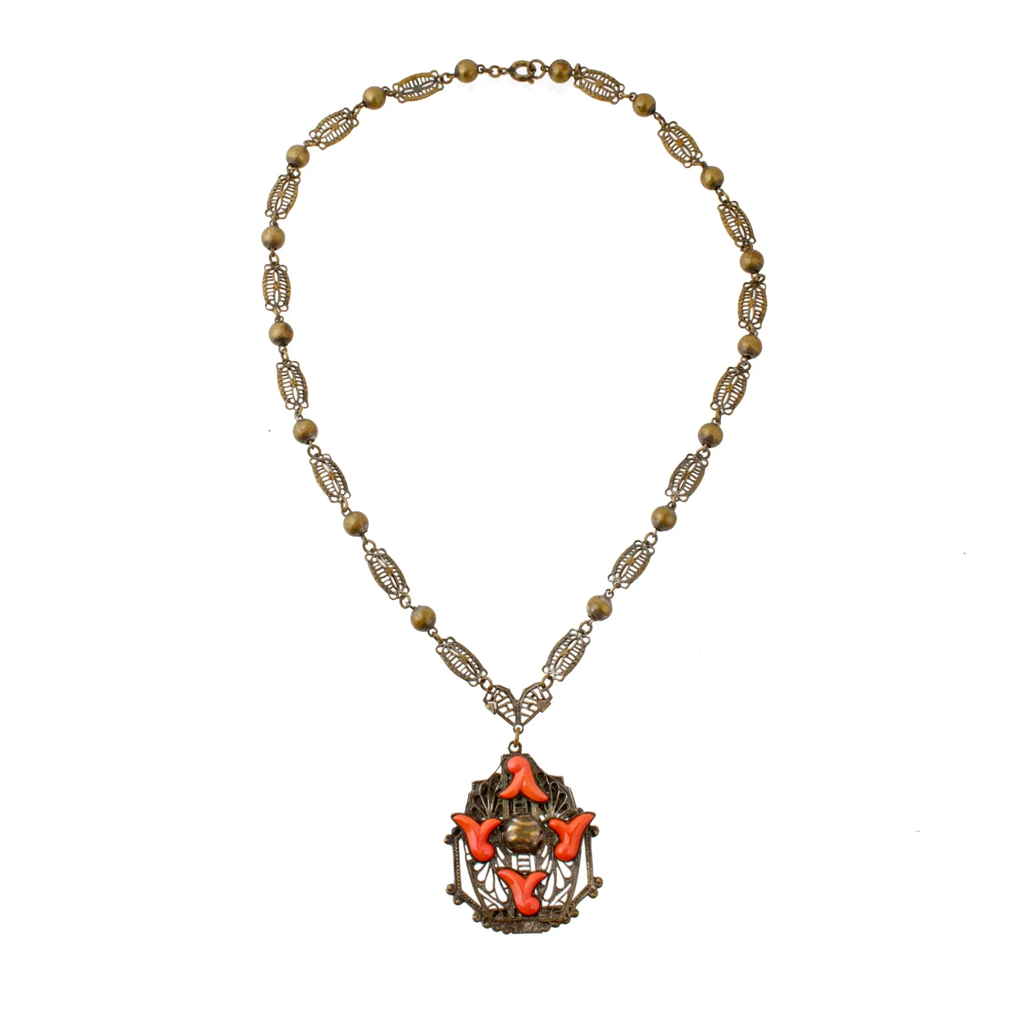 Neiger Brothers style red coral glass and brass filigree lavaliere necklace c. 1930's. j-nlbg2076