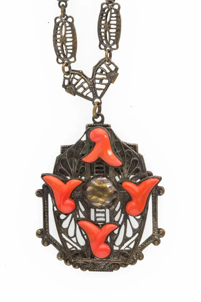 Neiger Brothers style red coral glass and brass filigree lavaliere necklace c. 1930's. j-nlbg2076