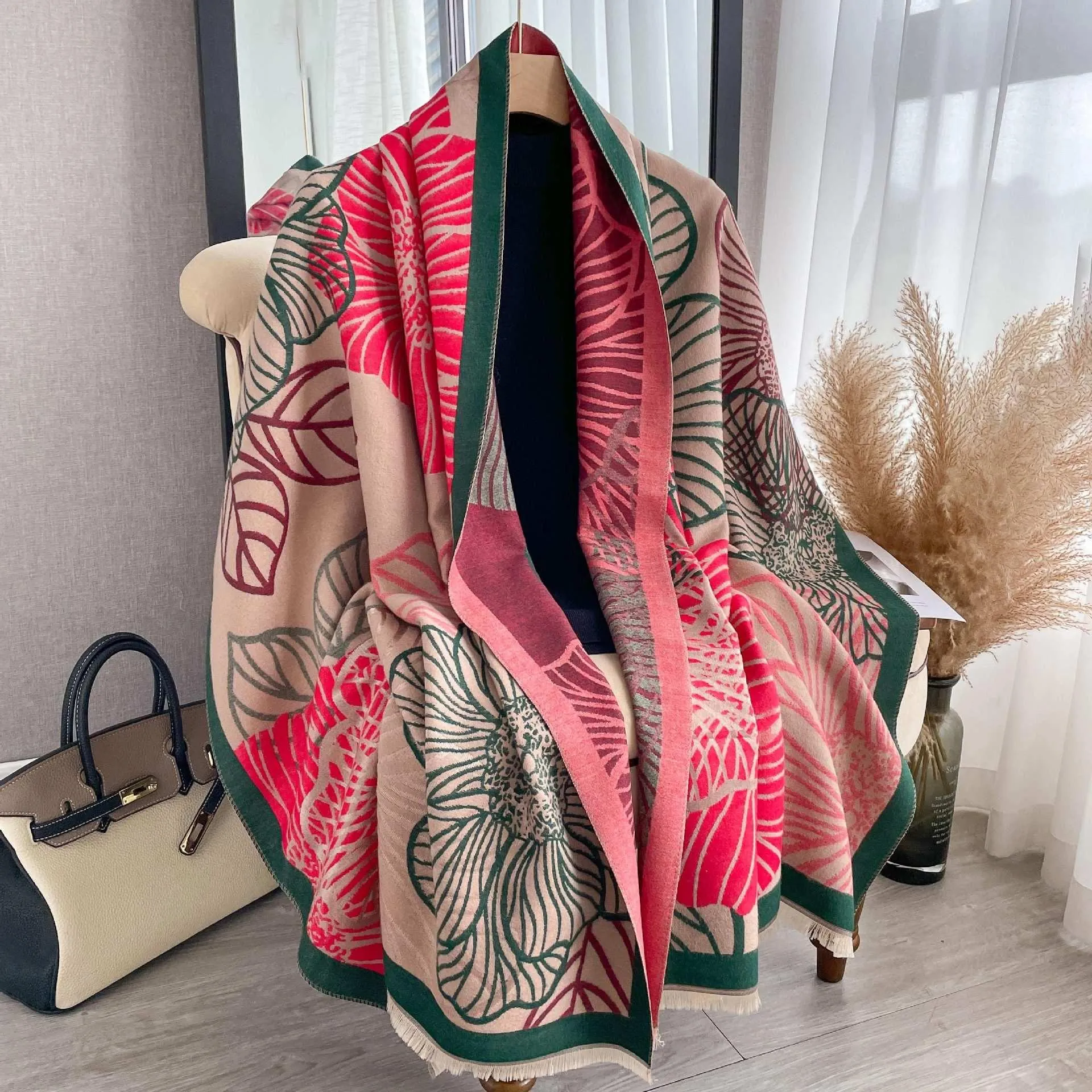 Pink and Green Floral Luxe Pashmina Shawl
