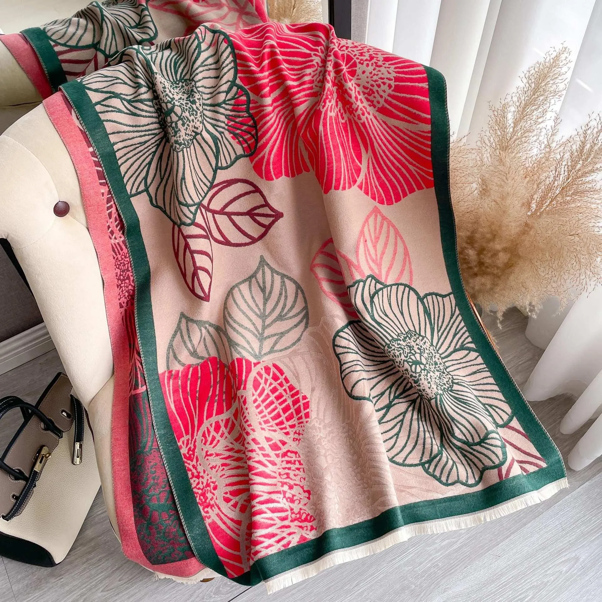 Pink and Green Floral Luxe Pashmina Shawl