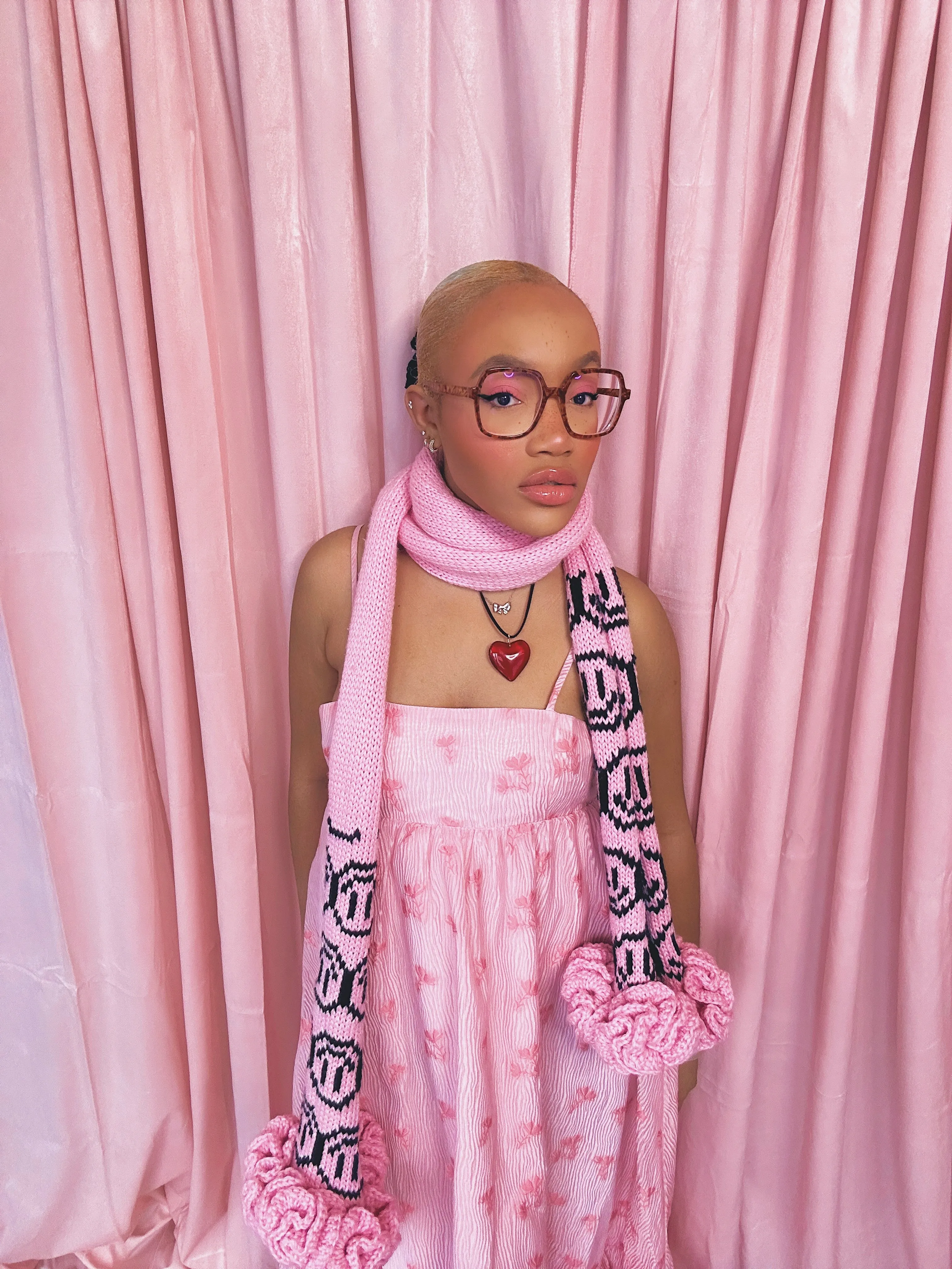 Pink Smiley Face Crochet Ruffle Scarf