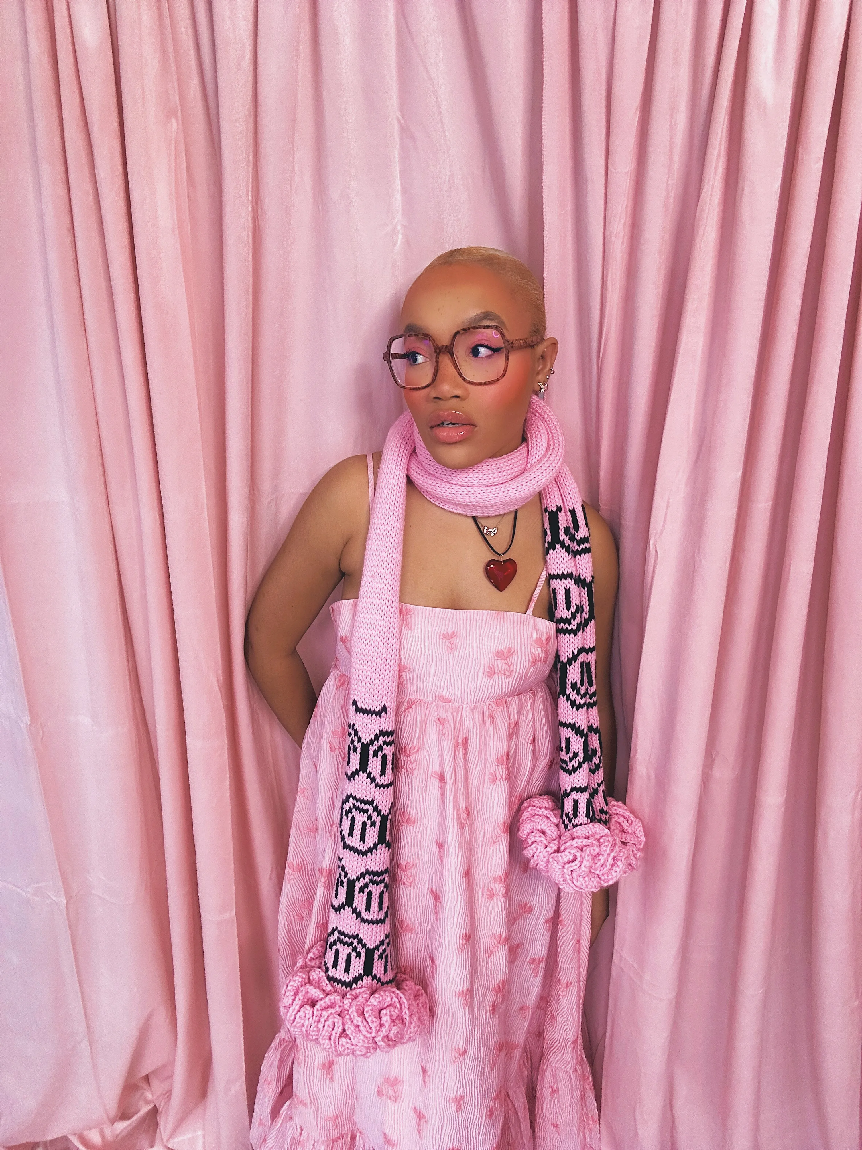 Pink Smiley Face Crochet Ruffle Scarf