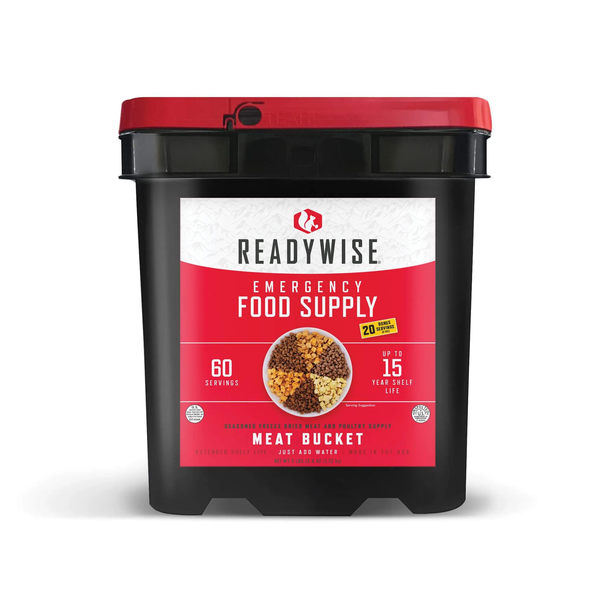 Readywise Meat Bucket, 360 Serving Meat Bundle, Emergency, MRE Meal Food Supply, Premade, Freeze Dried Survival Food for Hiking, Adventure & Camping Essentials, Individually Packaged, 15 Year Shelf Life
