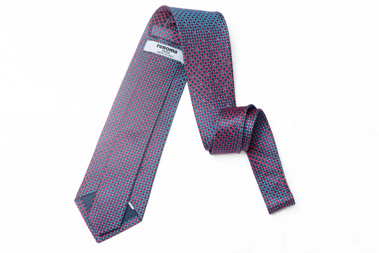 Red Micro Squares On Blue Rhinestone Silk Tie With Silver Sparkles