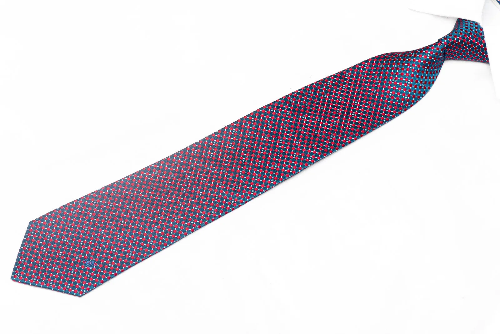 Red Micro Squares On Blue Rhinestone Silk Tie With Silver Sparkles
