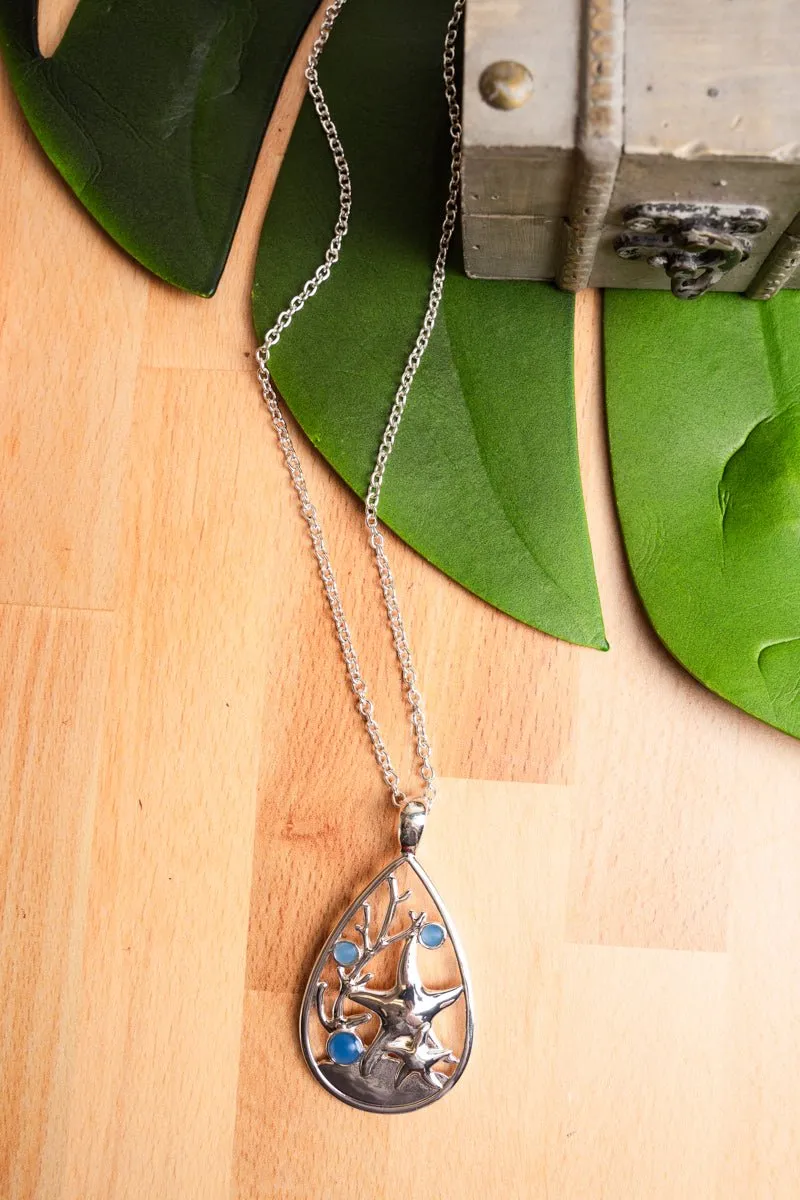 SALE! Turquoise Sea Glass and Silvertone Starfish Teardrop Necklace