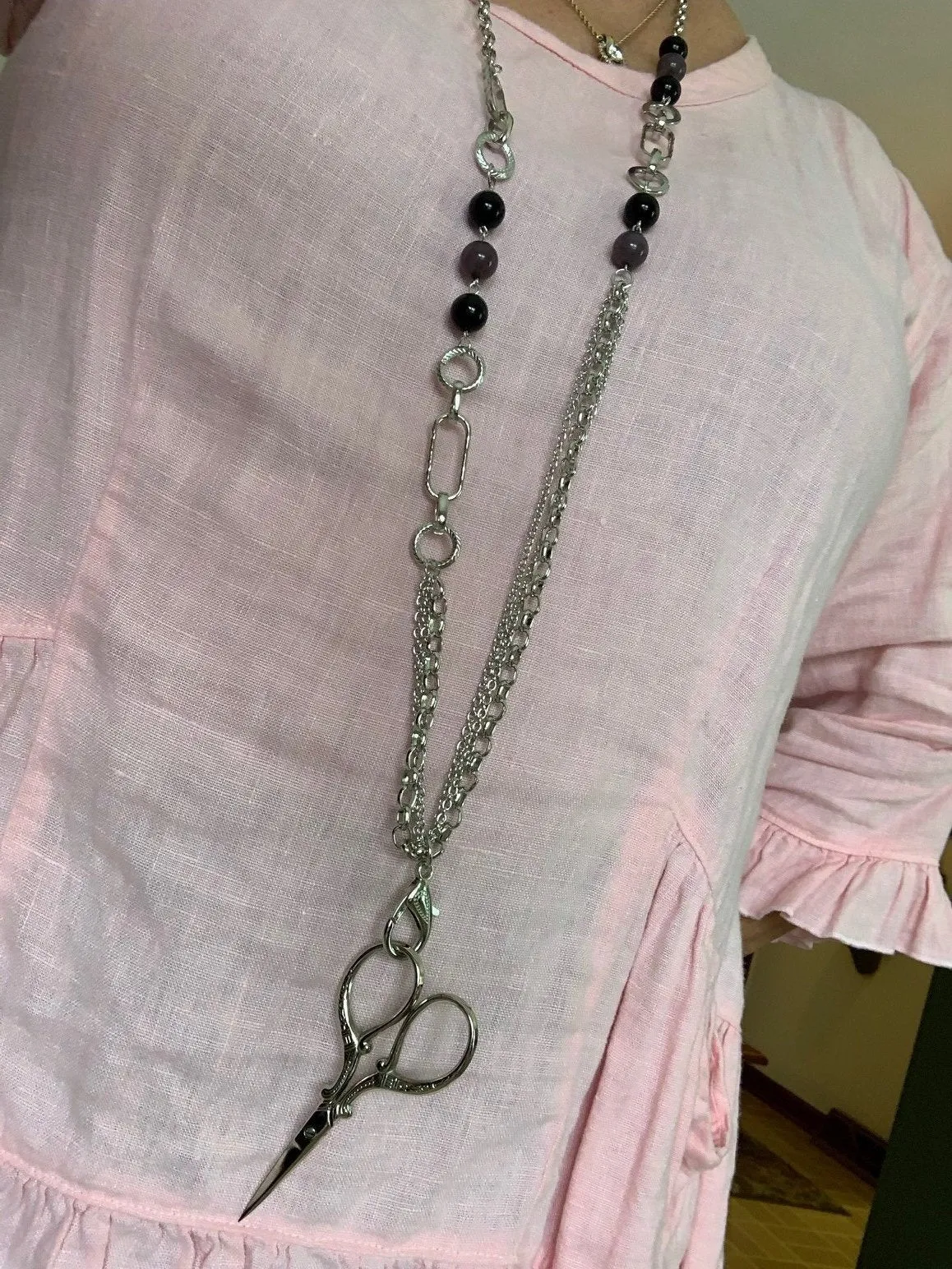 Scissors Lanyard - Silver with Black and Purple Smoke Beads