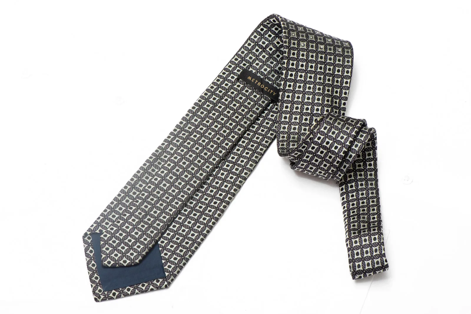 Silver Geometric Design On Black Rhinestone Silk Necktie With Silver Sparkles