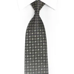 Silver Geometric Design On Black Rhinestone Silk Necktie With Silver Sparkles