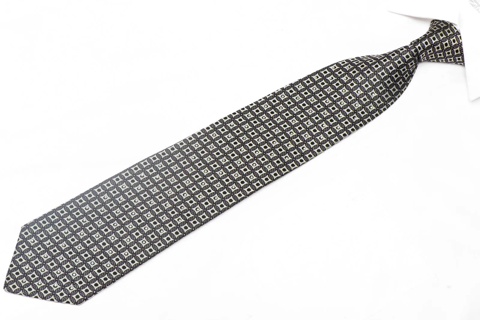 Silver Geometric Design On Black Rhinestone Silk Necktie With Silver Sparkles