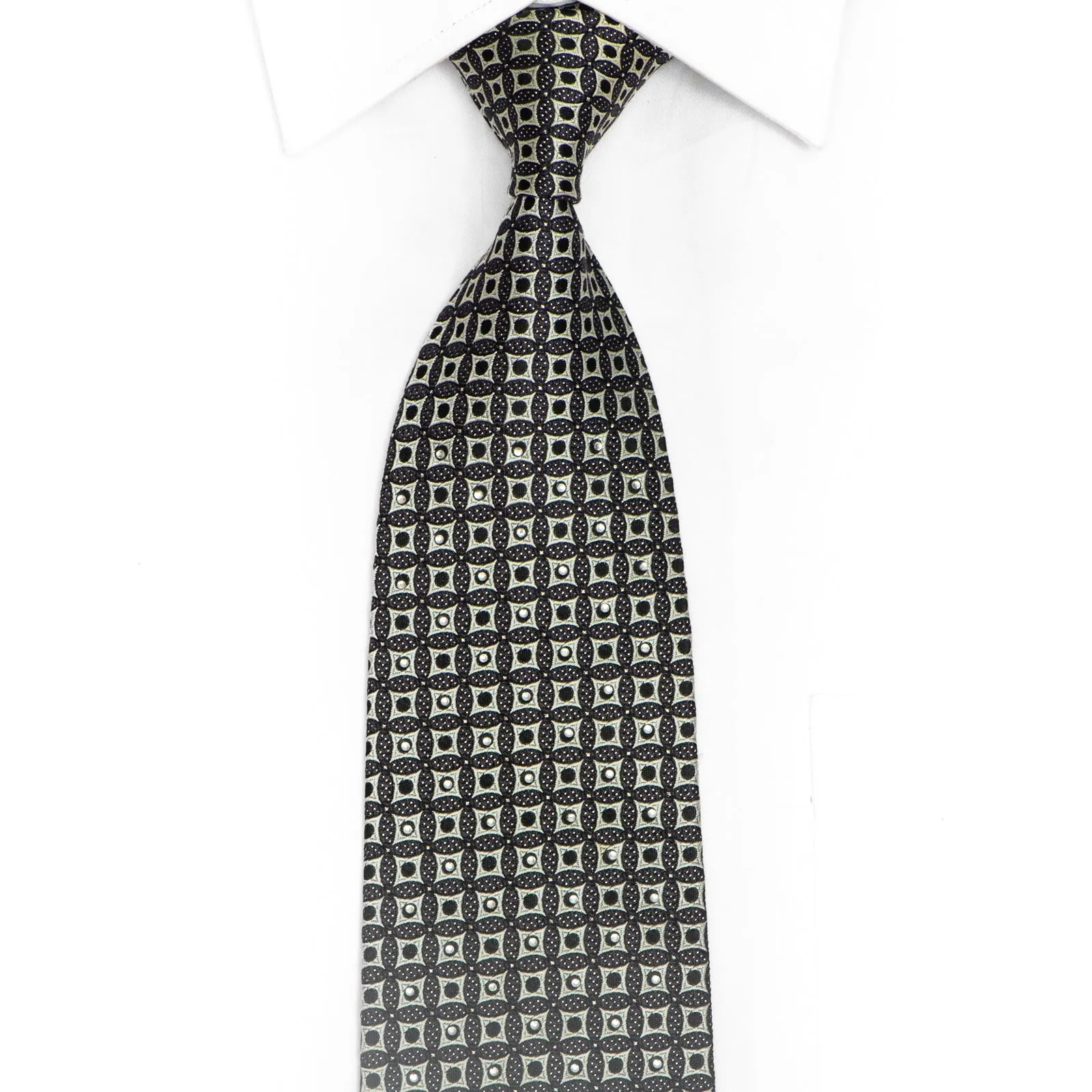 Silver Geometric Design On Black Rhinestone Silk Necktie With Silver Sparkles