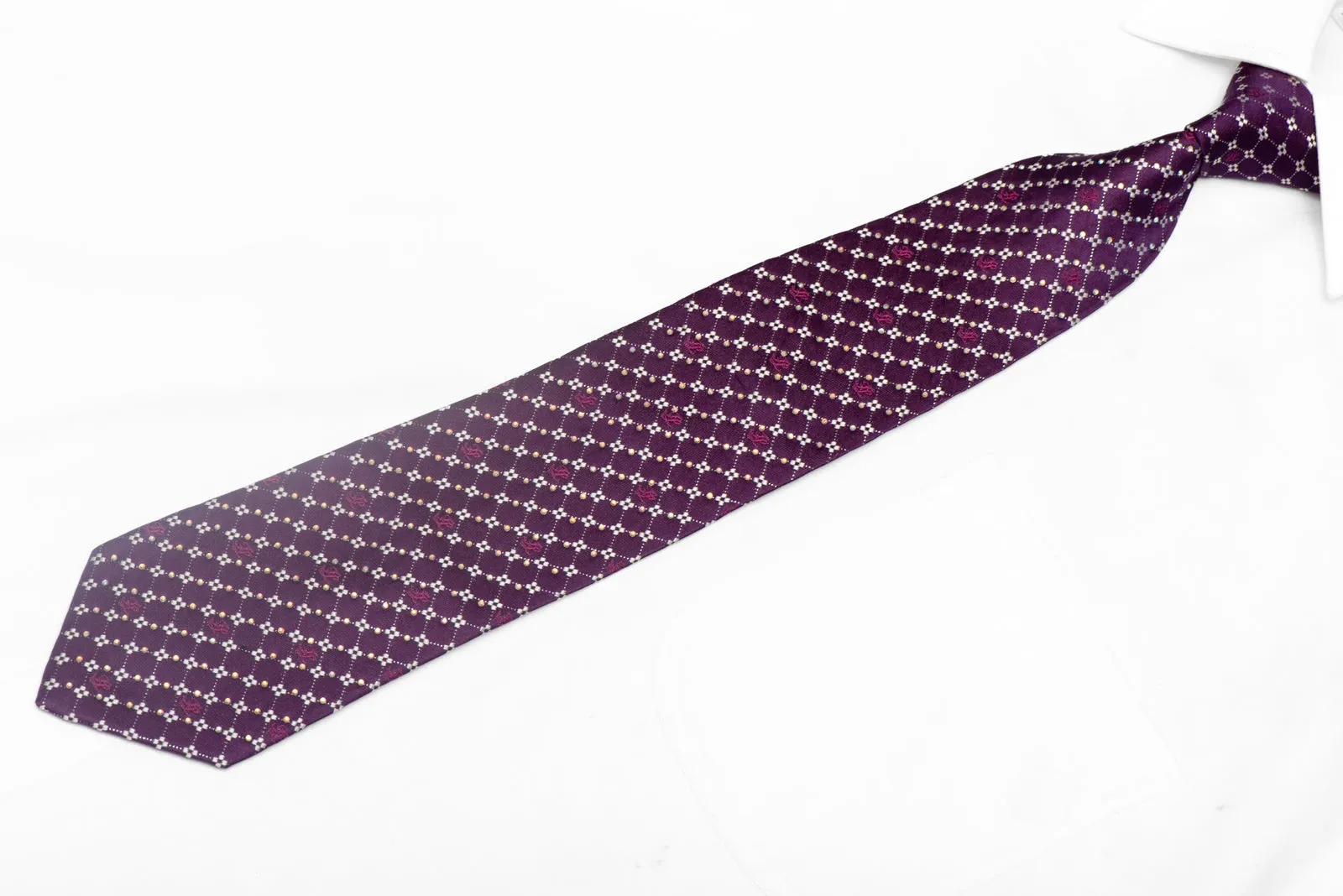 Silver Trellis On Purple Rhinestone Silk Necktie With Sparkles