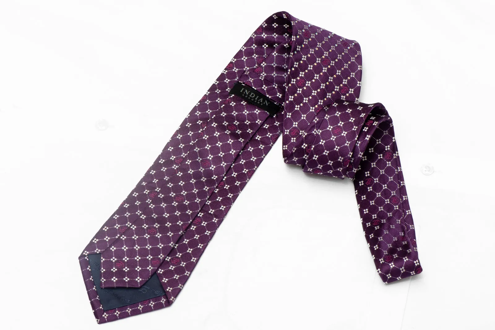 Silver Trellis On Purple Rhinestone Silk Necktie With Sparkles