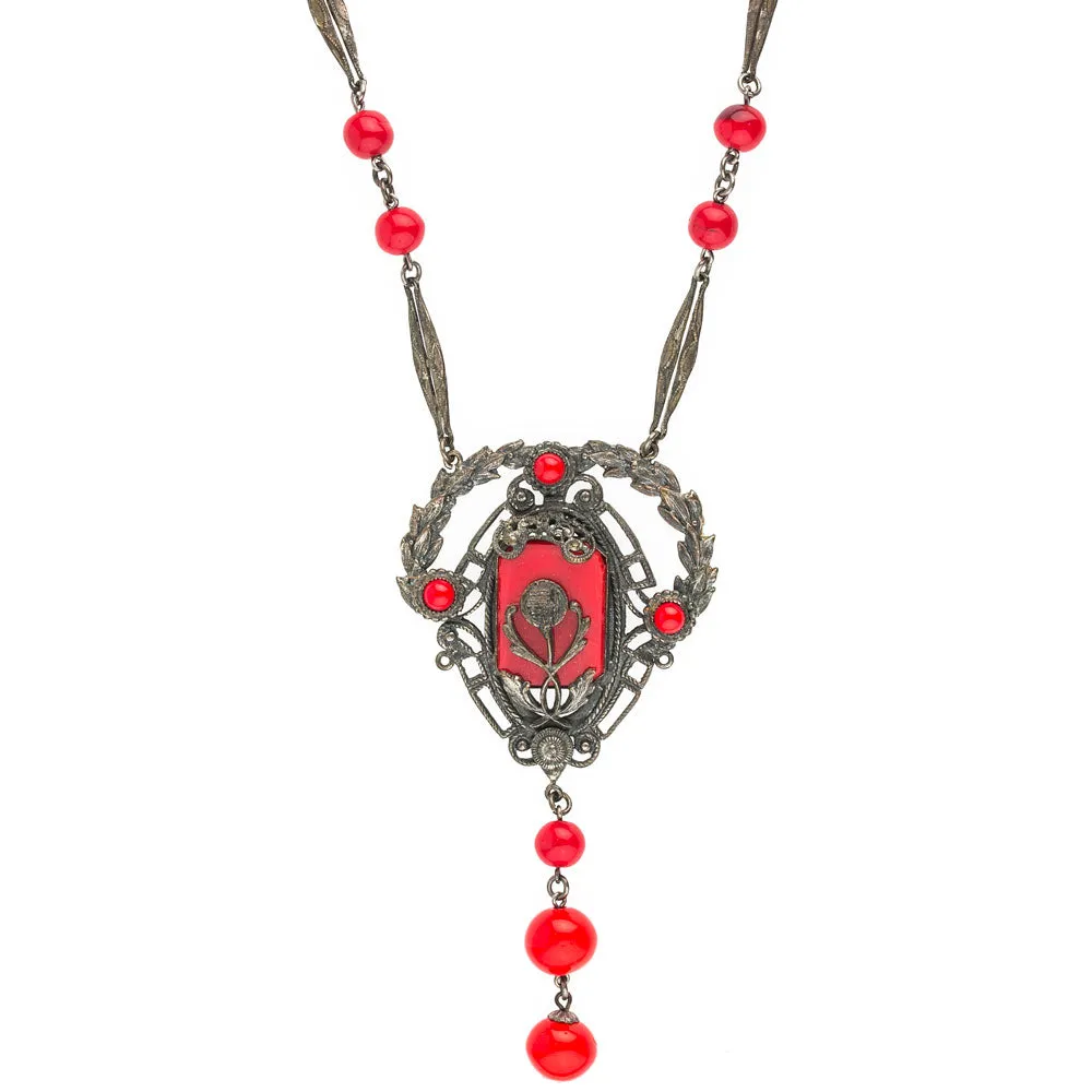 Vintage Art Deco red glass and silver metal flapper length lavaliere necklace. nlbg2109